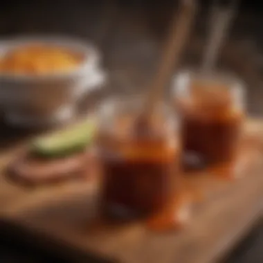 Ingredients of hot honey BBQ sauce arranged artistically on a wooden board