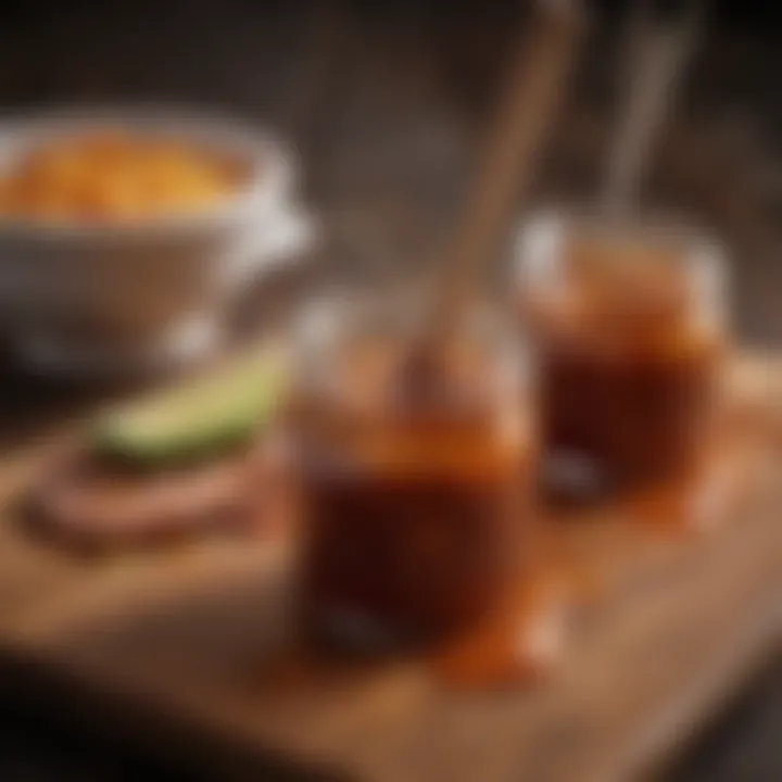 Ingredients of hot honey BBQ sauce arranged artistically on a wooden board