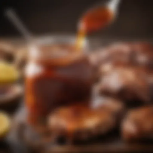 A close-up of a jar of hot honey BBQ sauce with a spoon drizzling the sauce over grilled meat