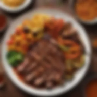A vibrant plate of grilled vegetables and meats drizzled with hot honey BBQ sauce