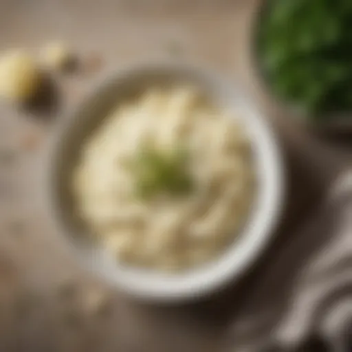 A bowl of creamy cauliflower mashed potatoes garnished with herbs