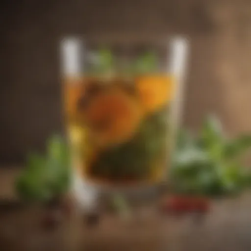 Elegant glass of herbal infusion with fresh herbs and spices