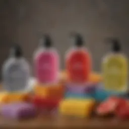 A collection of vibrant liquid hand soaps arranged aesthetically