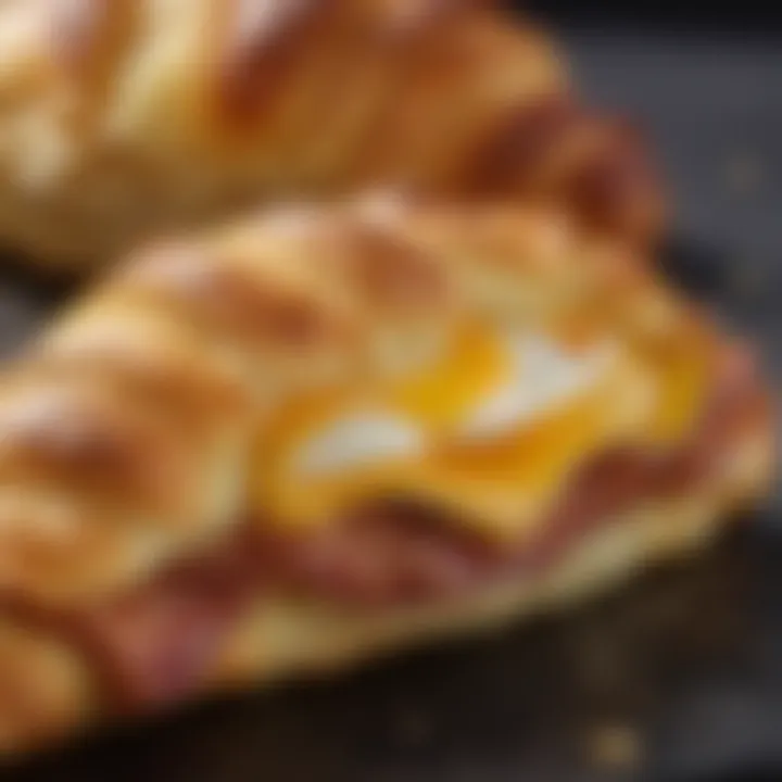 A close-up view of the flaky layers of a freshly baked croissant filled with bacon and egg.