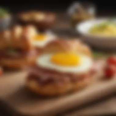 A gourmet bacon and egg croissant served on a rustic wooden board.