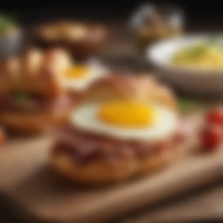 A gourmet bacon and egg croissant served on a rustic wooden board.