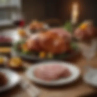 A beautifully set table featuring baked smoked ham as the centerpiece