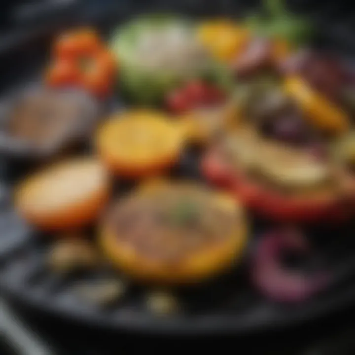 A variety of vegetables being grilled on a cast iron surface, highlighting vibrant colors