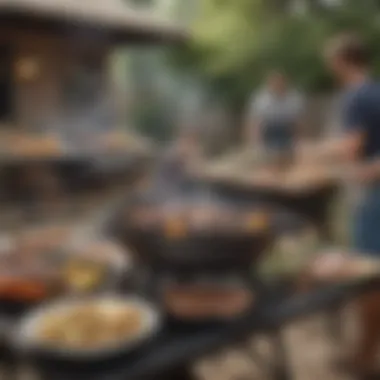 Outdoor BBQ Gathering with Cast Iron A picturesque outdoor setting with a cast iron grill ready for a barbecue gathering
