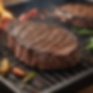 A beautifully seared steak on a cast iron grill showcasing perfect grill marks