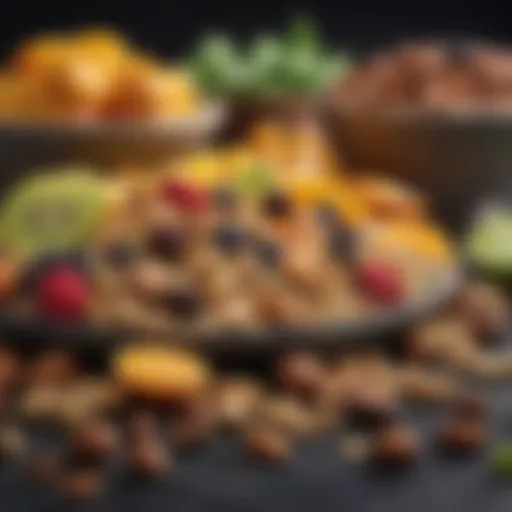 A vibrant assortment of fruits and nuts ready to be added to protein shakes