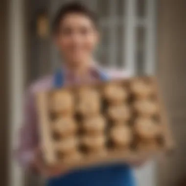 A delivery person holding a box of freshly baked cookies at a doorstep