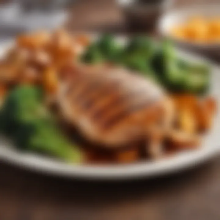 Grilled chicken breast served with steamed broccoli and sweet potatoes