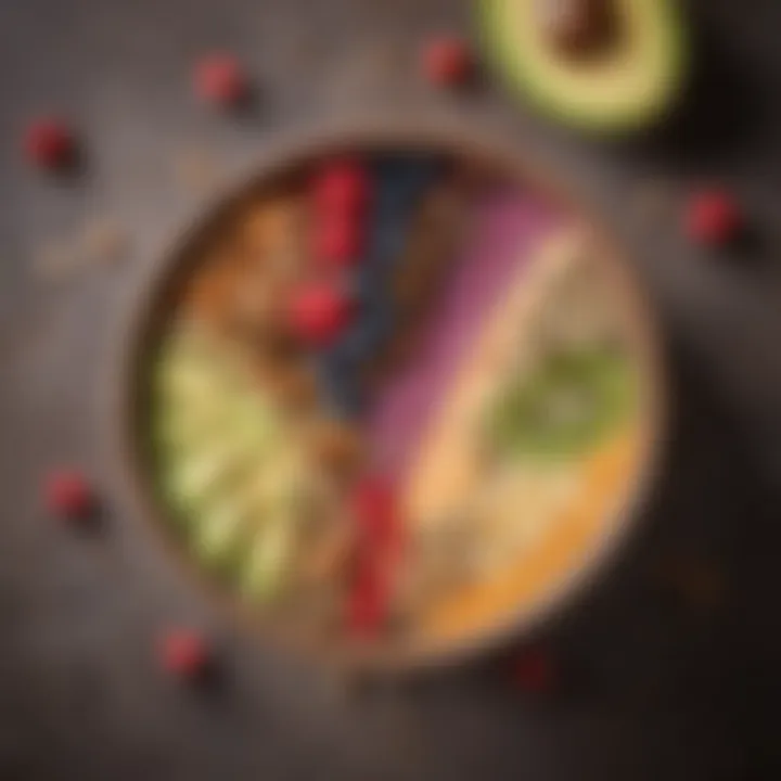 A colorful smoothie bowl topped with berries, nuts, and seeds