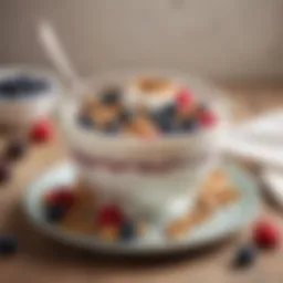 A bowl of creamy yogurt topped with fresh berries and nuts