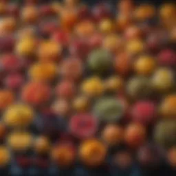 A vibrant display of assorted preserved fruits in jars