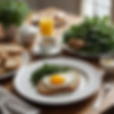 An elegant breakfast table set with whole grain toast, poached eggs, and a side of mixed greens, showcasing a balanced meal.