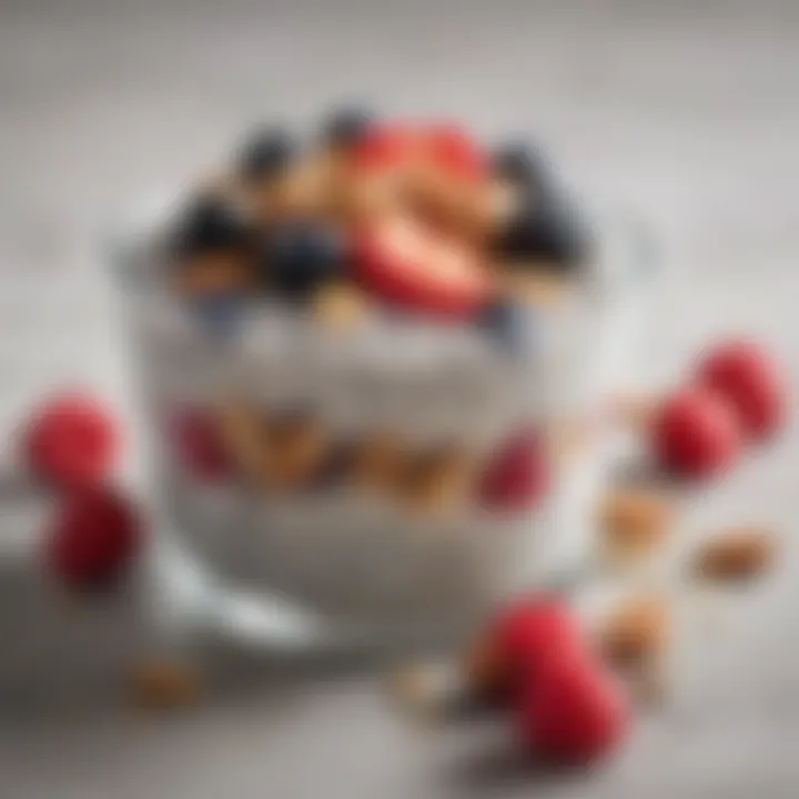 A close-up of chia seed pudding topped with fresh berries and nuts, emphasizing healthful ingredients that aid digestion.