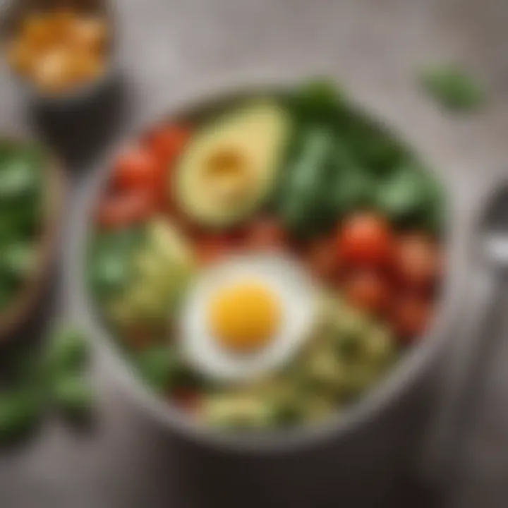 A vibrant breakfast bowl filled with avocados, tomatoes, and spinach, demonstrating nutritious choices for a flat stomach.