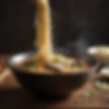The Perfect Pairing of Broth and Noodles A steaming bowl of broth with noodles ready for hot pot.