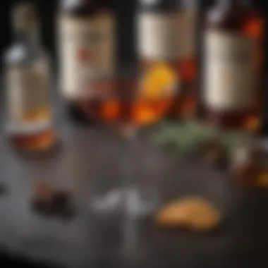 Close-up of the ingredients used in a Manhattan cocktail, showcasing whiskey and vermouth