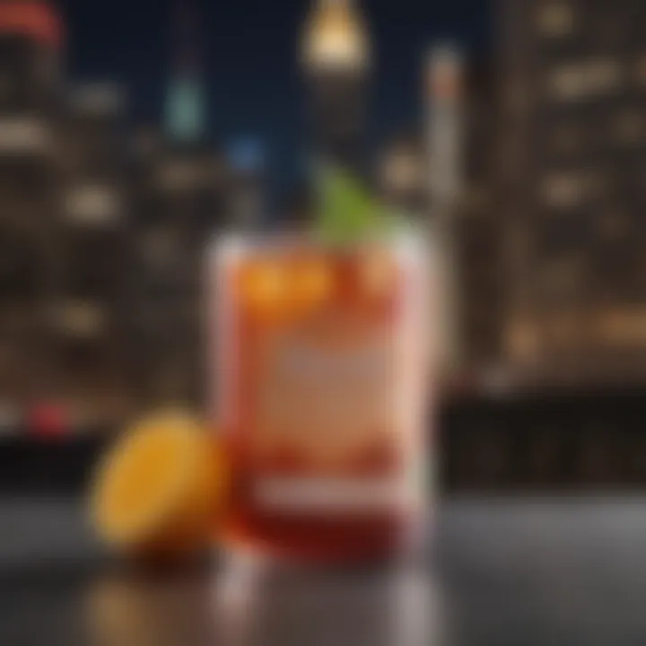 Artistic depiction of a New York skyline with a canned cocktail in the foreground