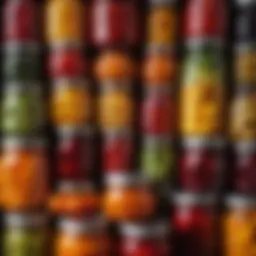 An array of colorful jars filled with preserved fruits and vegetables