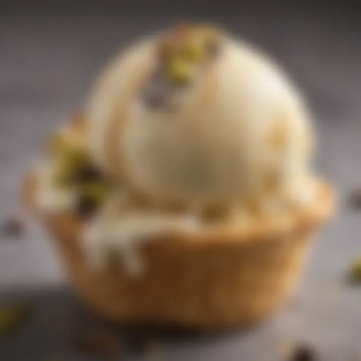 A close-up of a scoop of cannoli ice cream with chocolate chips and pistachios