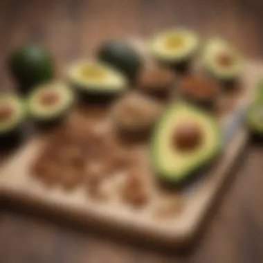 A variety of healthy fats displayed on a wooden board, showcasing avocados, nuts, and oils.