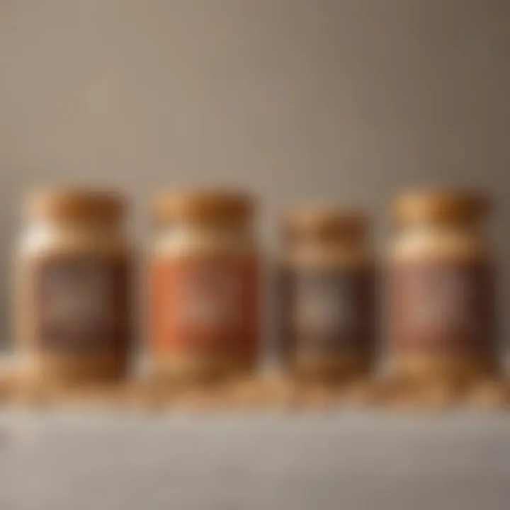 A variety of powdered peanut butter flavors displayed in jars