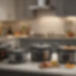 A variety of slow cookers lined up on a kitchen countertop