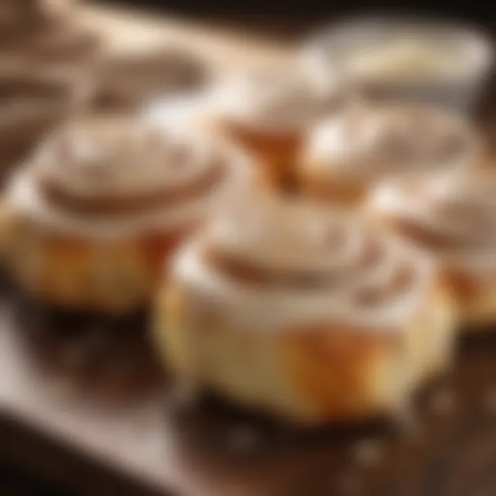 An elegant display of cinnamon rolls drizzled with creamy icing, sitting on a rustic wooden table.