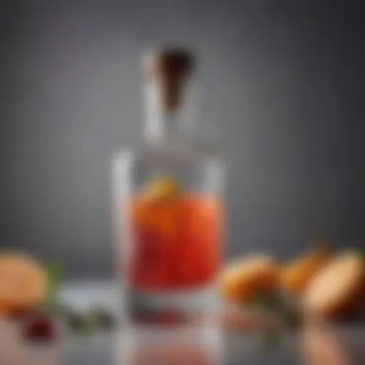 Close-up of gin bottle with botanicals