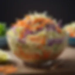 A vibrant bowl of coleslaw showcasing a colorful blend of shredded cabbage and carrots dressed in vinegar and mayonnaise.