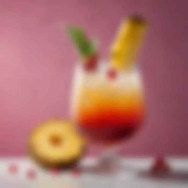 An elegant glass showcasing the colorful layers of Malibu rum, pineapple, and cranberry juices