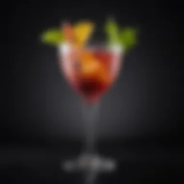 An elegant cocktail glass filled with a colorful drink against a dark background