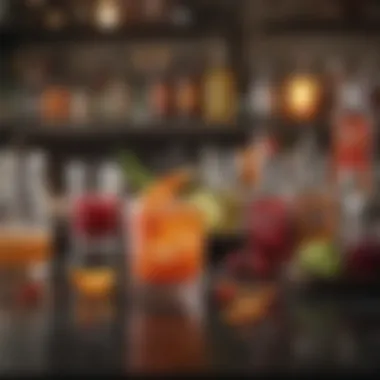 A close-up of vibrant cocktail ingredients displayed on a bar countertop