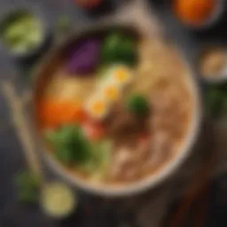 A vibrant assortment of vegan ramen ingredients including fresh vegetables and spices