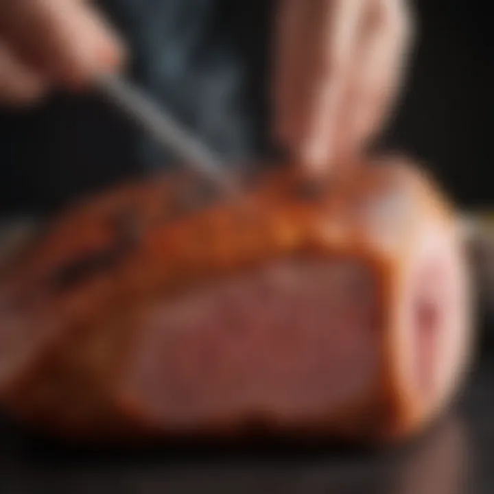 A smoker with a thermometer probe inserted into a piece of meat