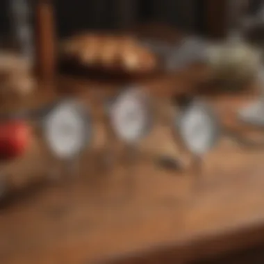 Different types of smoker probe thermometers arranged on a wooden table