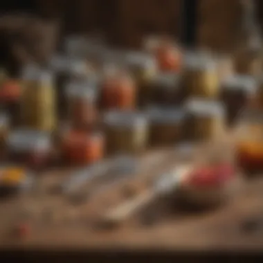 An assortment of traditional canning tools laid out on a rustic wooden table.