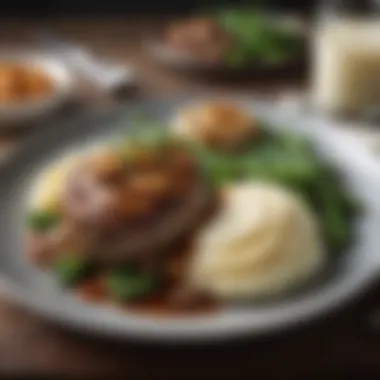 Salisbury Steak Meal Plating Salisbury steak served with mashed potatoes and green beans