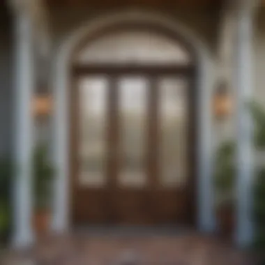 Stunning farmhouse double entry doors adorned with decorative glass