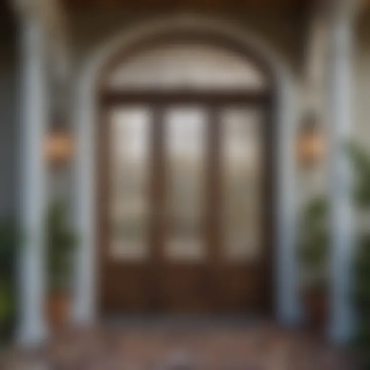 Stunning farmhouse double entry doors adorned with decorative glass