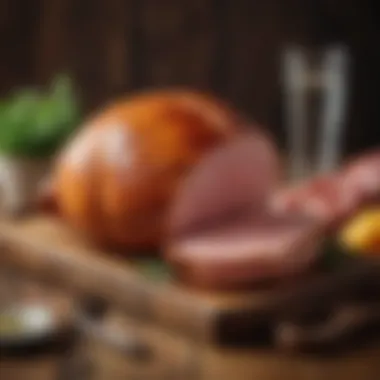 A beautifully glazed ham resting on a rustic wooden table