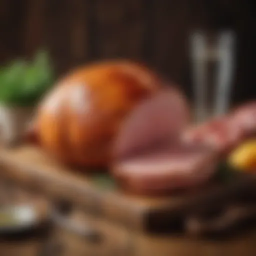 A beautifully glazed ham resting on a rustic wooden table