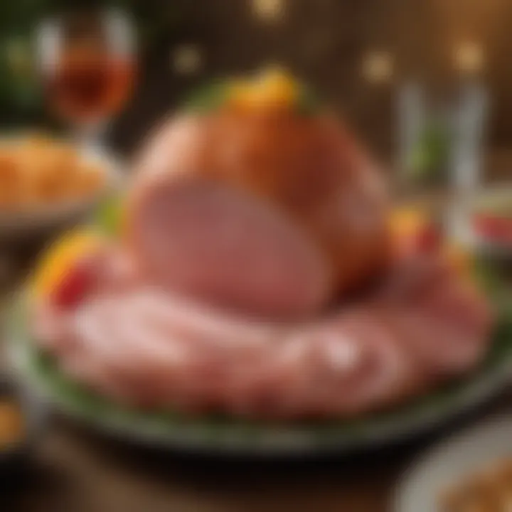 A festive platter showcasing sliced ham with garnishes