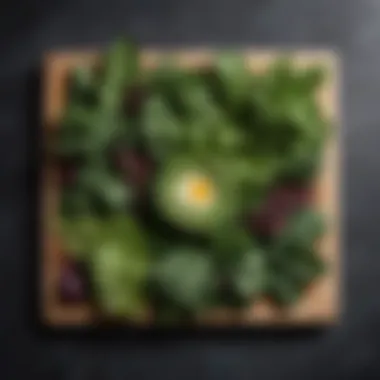 Leafy greens arranged beautifully on a wooden board