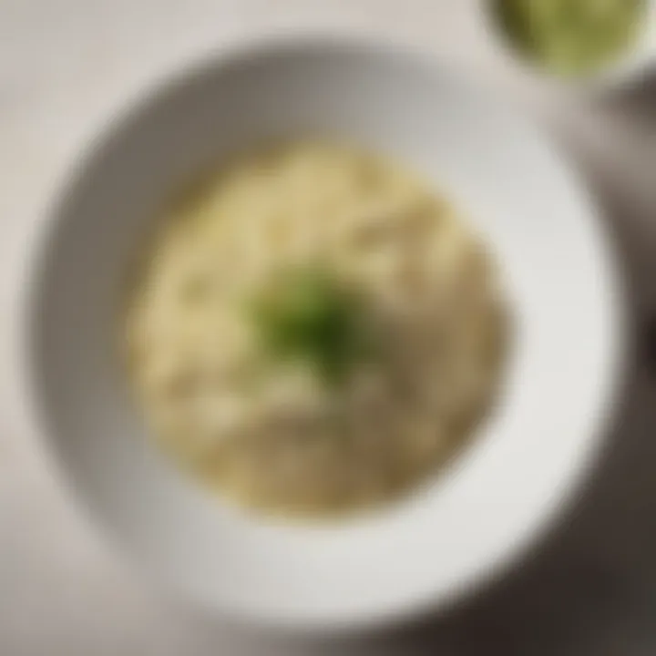 A bowl of creamy leek risotto garnished with herbs