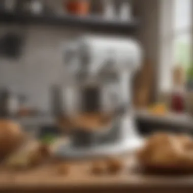 A sleek and modern stand mixer with various attachments displayed beside it.